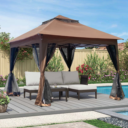 Outdoor 11x 11Ft Pop Up Gazebo Canopy With Removable Zipper Netting,2-Tier Soft Top Event Tent,Suitable For Patio Backyard Garden Camping Area,Coffee