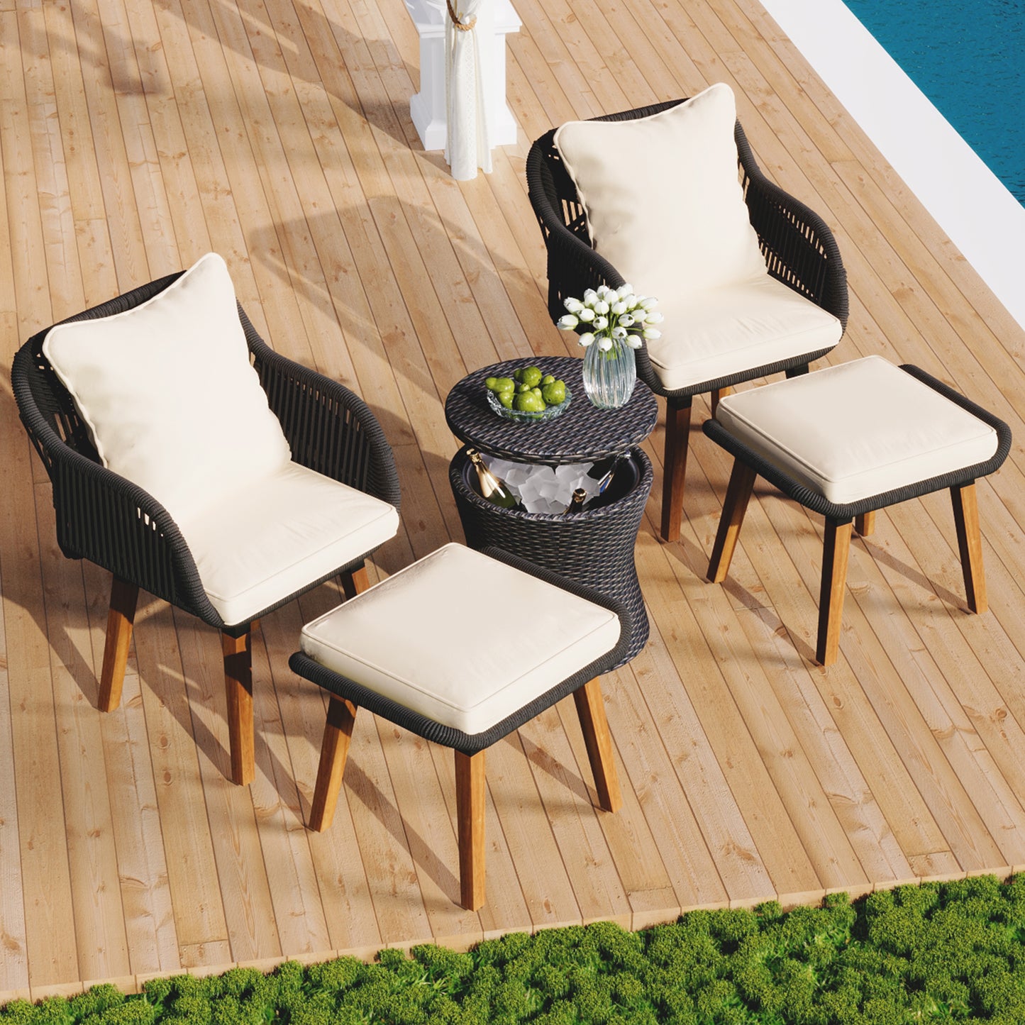 5 Pieces Patio Furniture Chair Sets, Patio Conversation Set With Wicker Cool Bar Table, Ottomans,Outdoor Furniture Bistro Sets for Porch,Backyard,Balcony