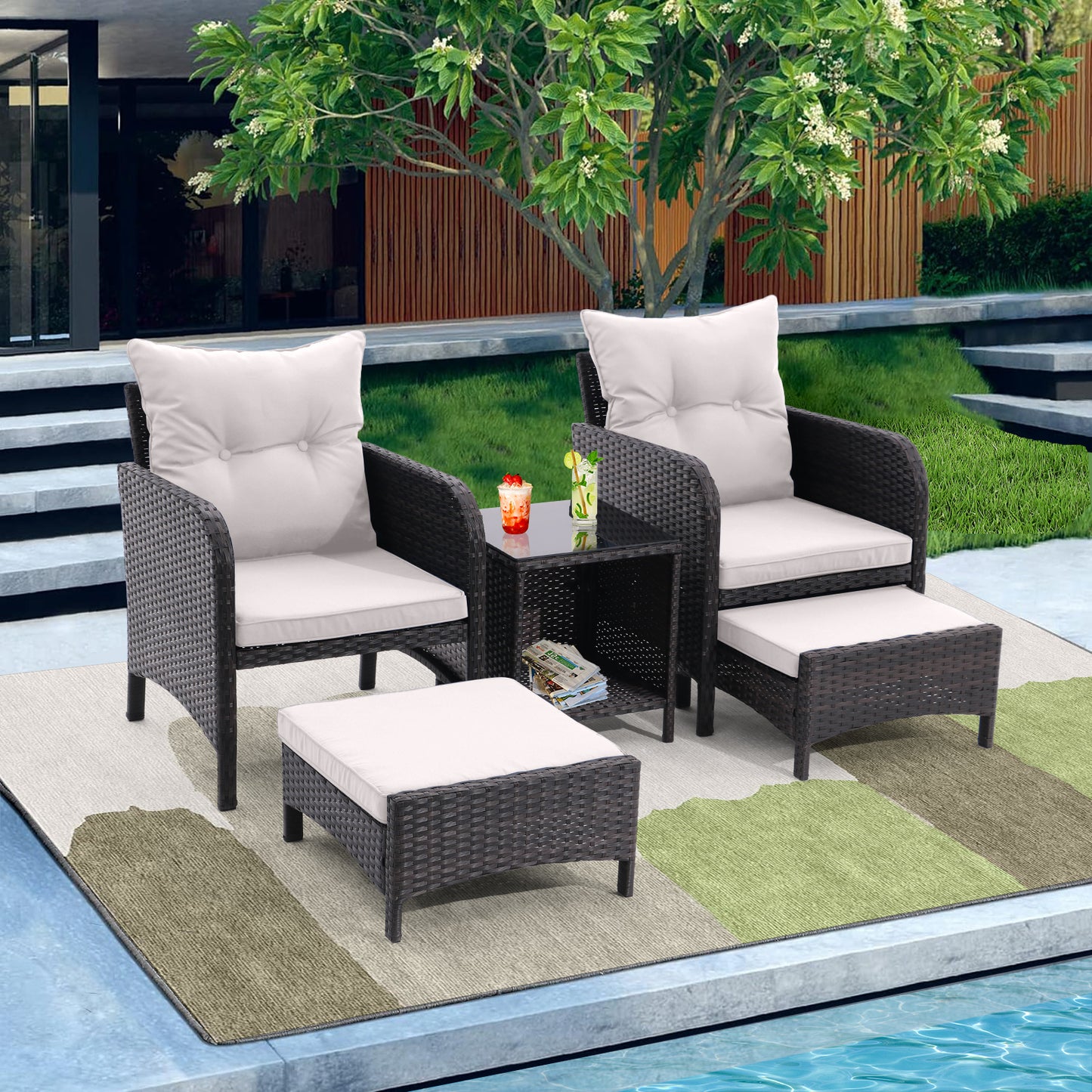 5 Piece Outdoor Patio Furniture Set,All Weather PE Rattan Conversation Chairs with Armrest and Removable Cushions,Ottomans and Storage Coffee Table for Poolside Garden Balcony Deck(Dust Grey)  On-Site